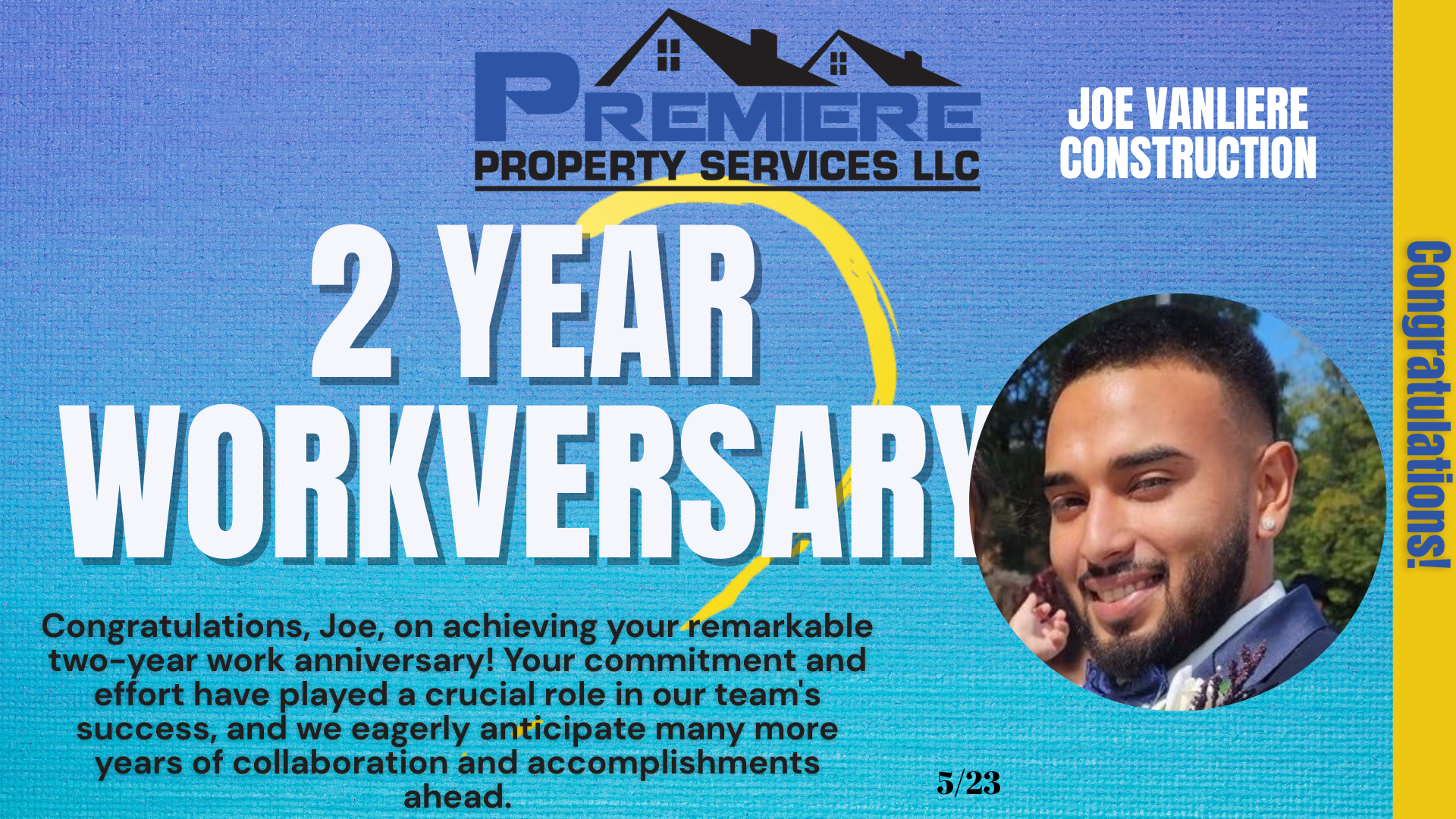 Premiere Property Services Celebrates Construction Technician Joe VanLiere's Two-Year Anniversary