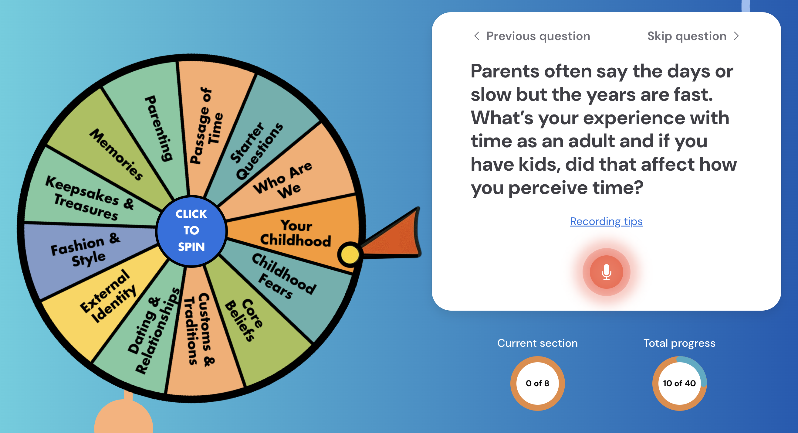 family voices ai question wheel spinner
