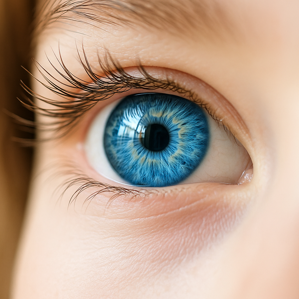 Close-up of a child's blue eye highlighting the importance of pediatric eye care and treatment acceptance.