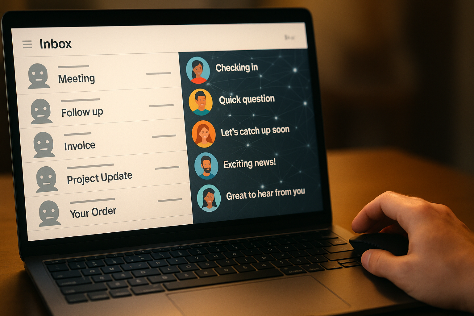 Laptop displaying an email inbox with various messages, emphasizing engaging subject lines like "Checking in" and "Exciting news!" to illustrate authentic email communication strategies.