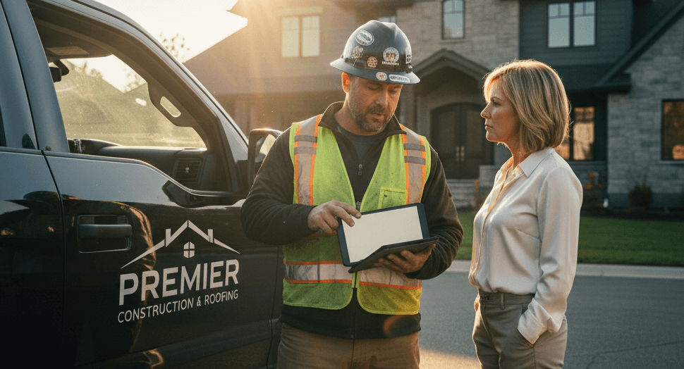 Construction professional discussing project details with a client, showcasing a tablet, in front of a residential home, emphasizing effective communication and customer experience in the construction industry.