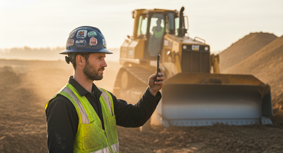 Construction worker in hard hat and reflective vest using smartphone, with bulldozer in background, illustrating employee-generated social media content as a marketing asset.