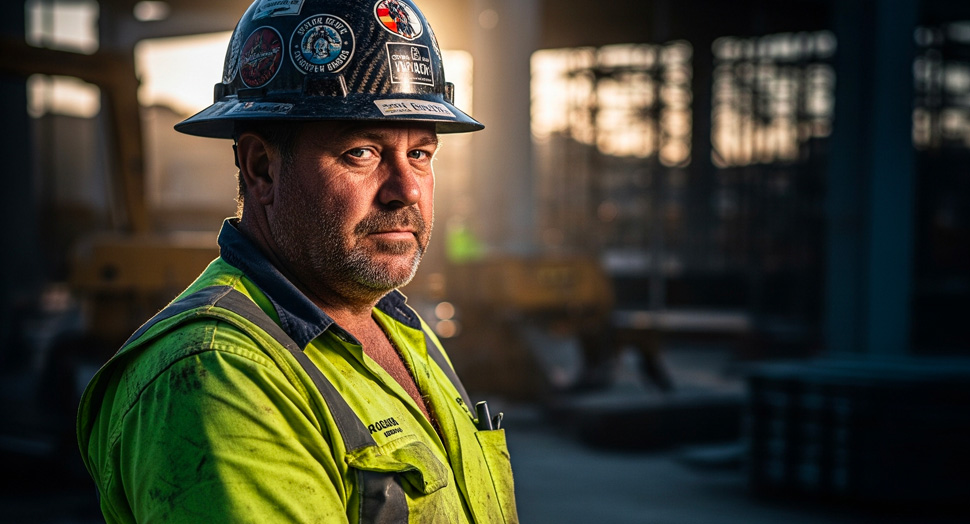 Construction worker wearing a hard hat with stickers, looking confidently at the camera in a construction site setting, emphasizing the importance of skilled labor and expertise in proposal strategies.