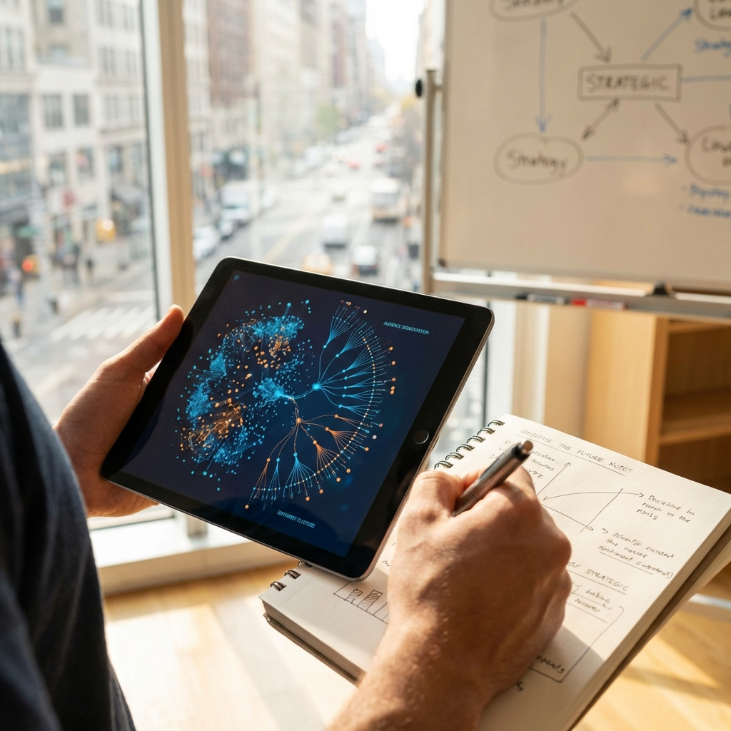 Person holds a tablet displaying a blue and orange network map, taking notes on paper by a whiteboard with diagrams, near a city window.