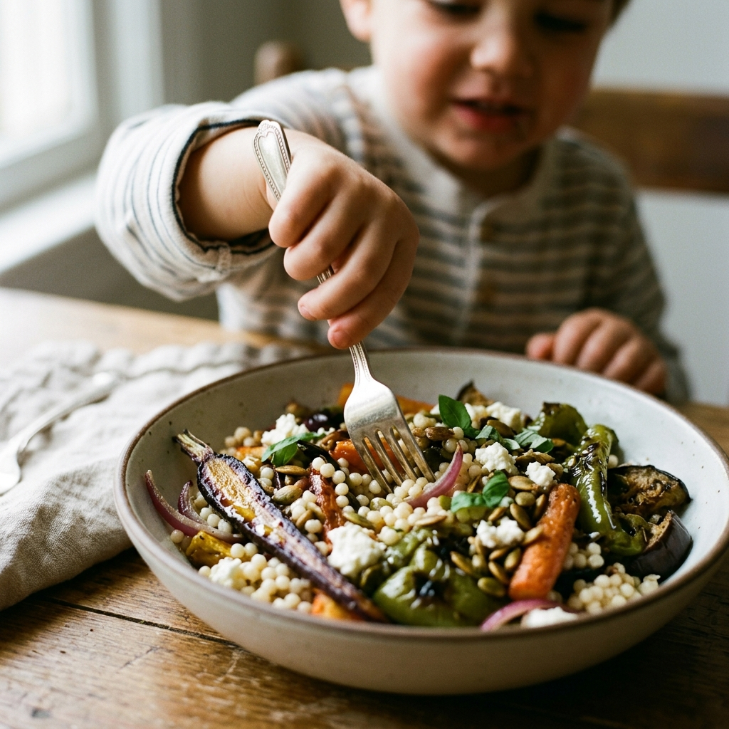 Young child eating pearl couscous salad with roasted vegetables and feta