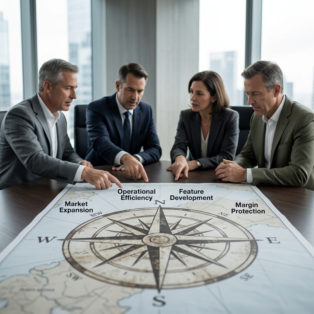 Executive leadership team discussing strategic priorities after a major business decision, illustrating decision alignment and organizational interpretation.
