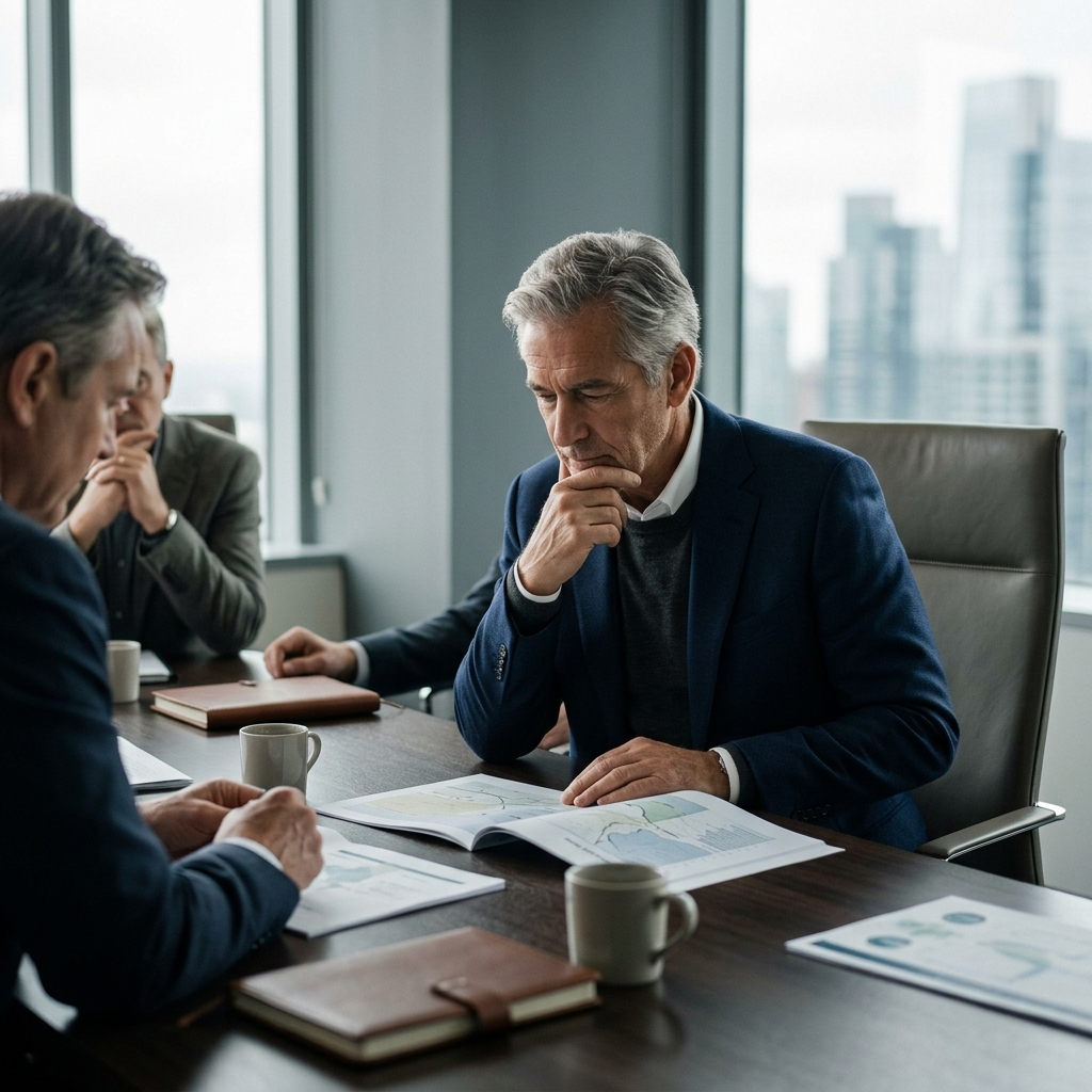 Executive leadership team revisiting a strategic decision during a meeting after an earlier decision failed to hold.