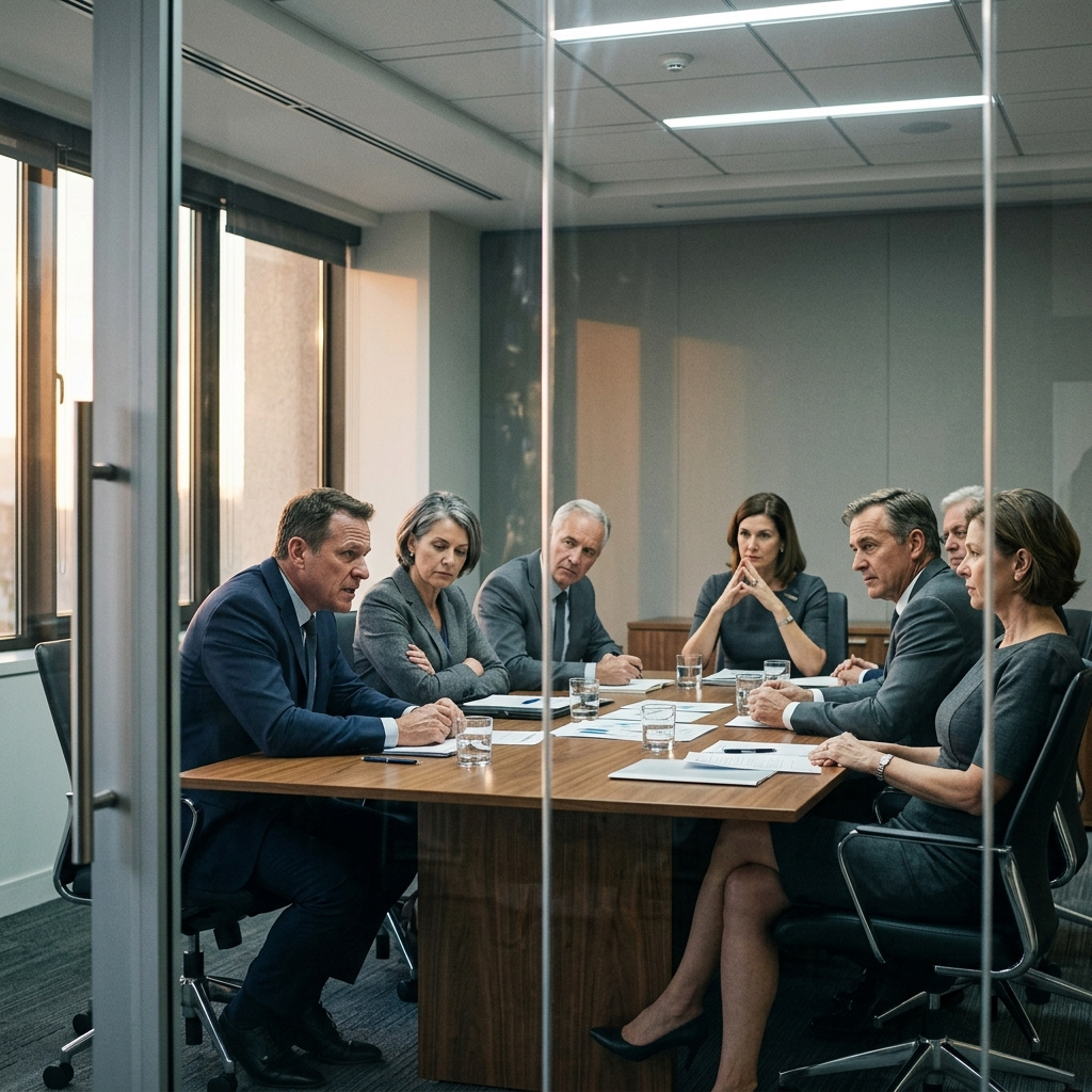 Senior leadership team discussing strategic priorities and organizational commitment in a conference room.