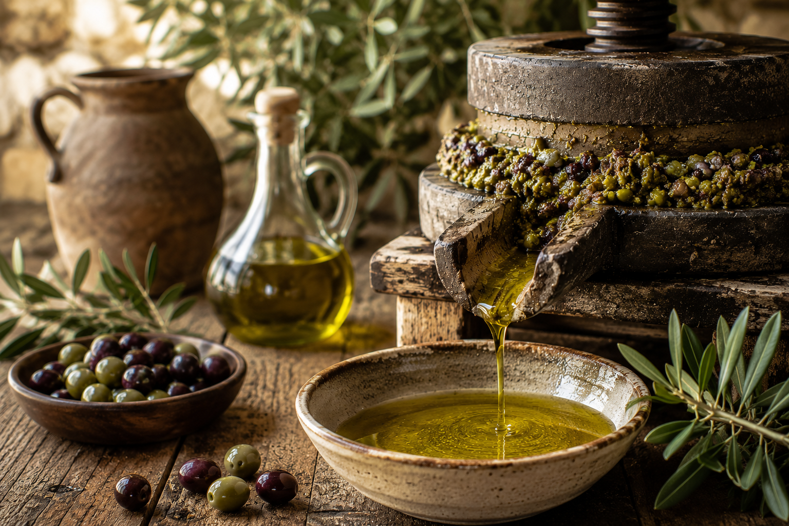 Traditional olive press extracting fresh extra virgin olive oil into a ceramic bowl, with crushed olives, olive branches, and rustic wooden textures showcasing the cold-pressing process.