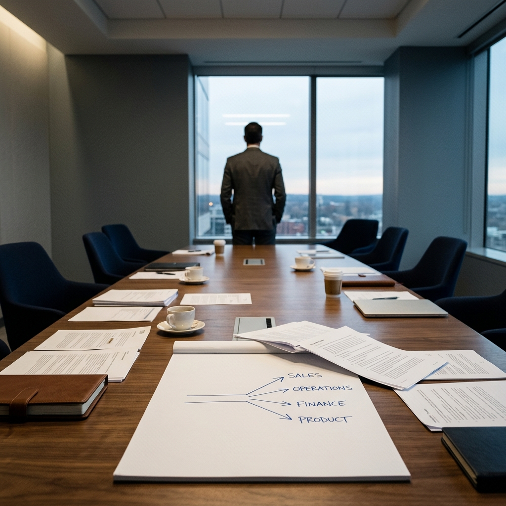 Executive boardroom after a leadership decision showing unresolved tradeoffs and decision governance