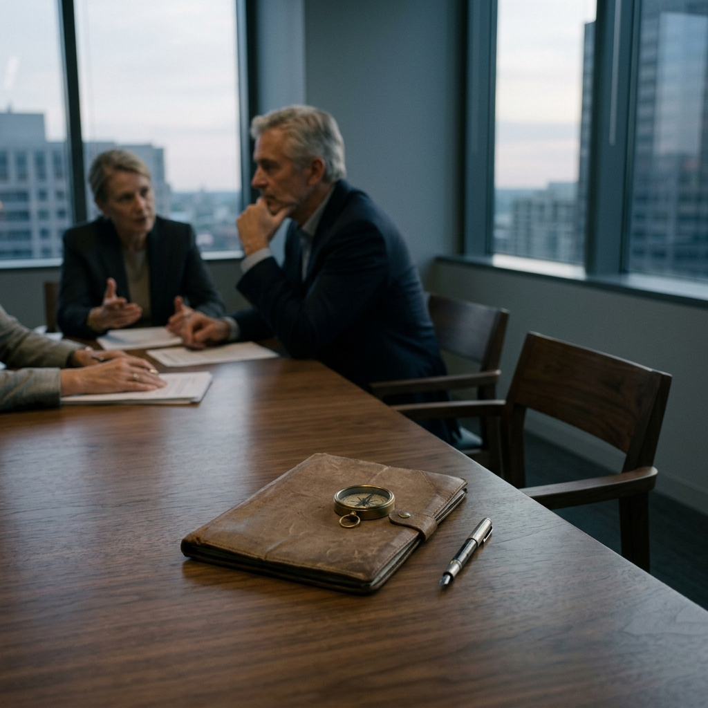 Executives discussing a consequential business decision during organizational change