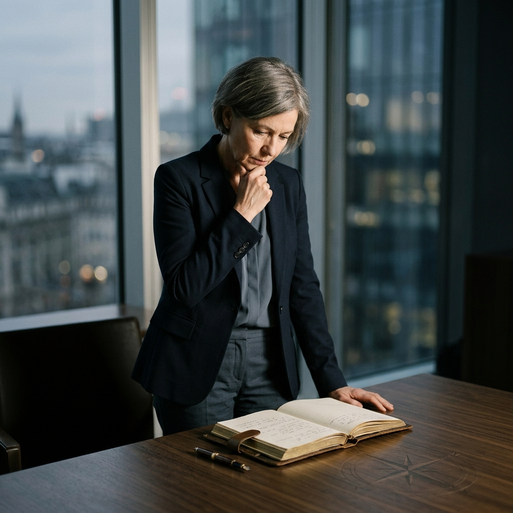 Executive reviewing notes at a conference table after a leadership meeting