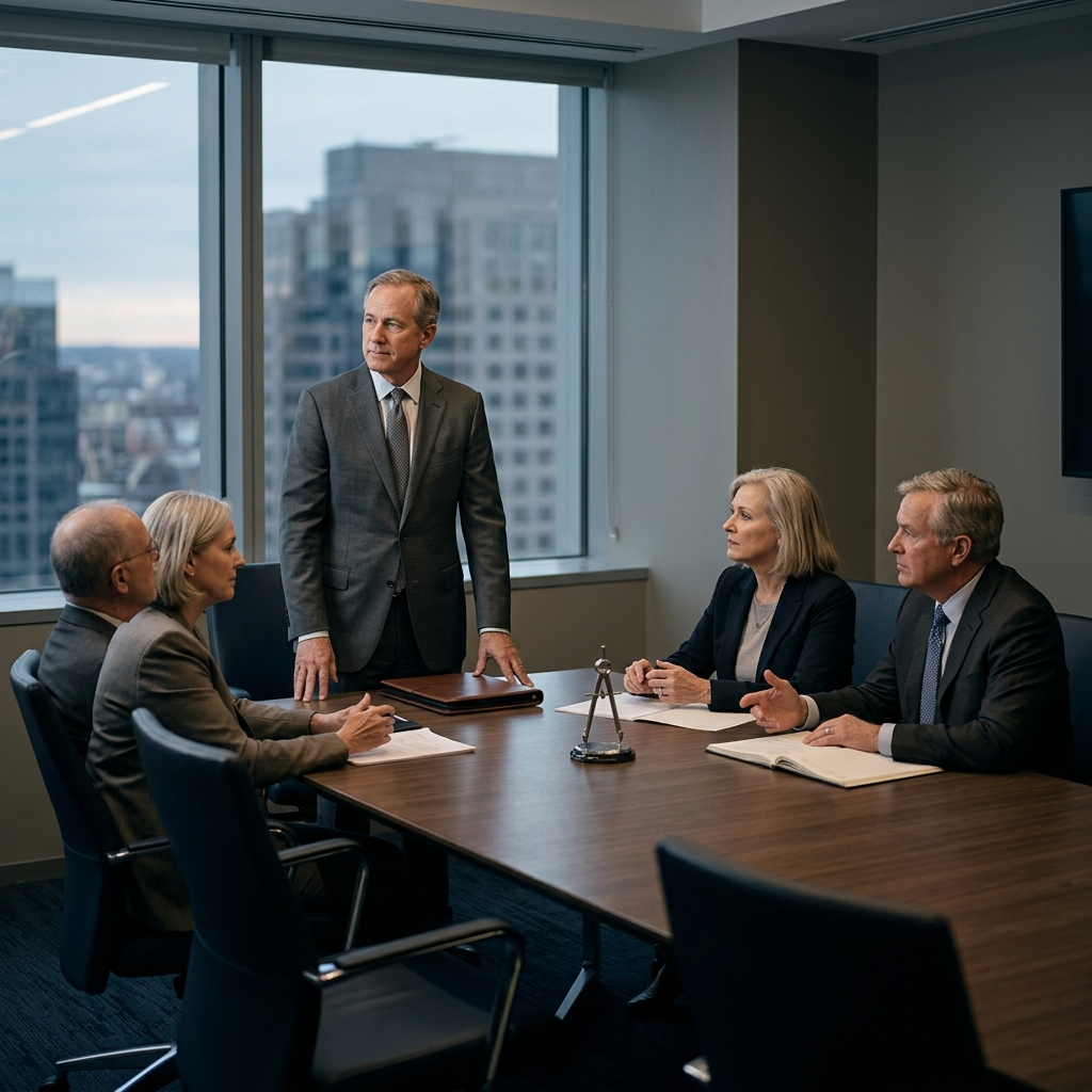 Leadership team discussing a strategic decision in an executive meeting