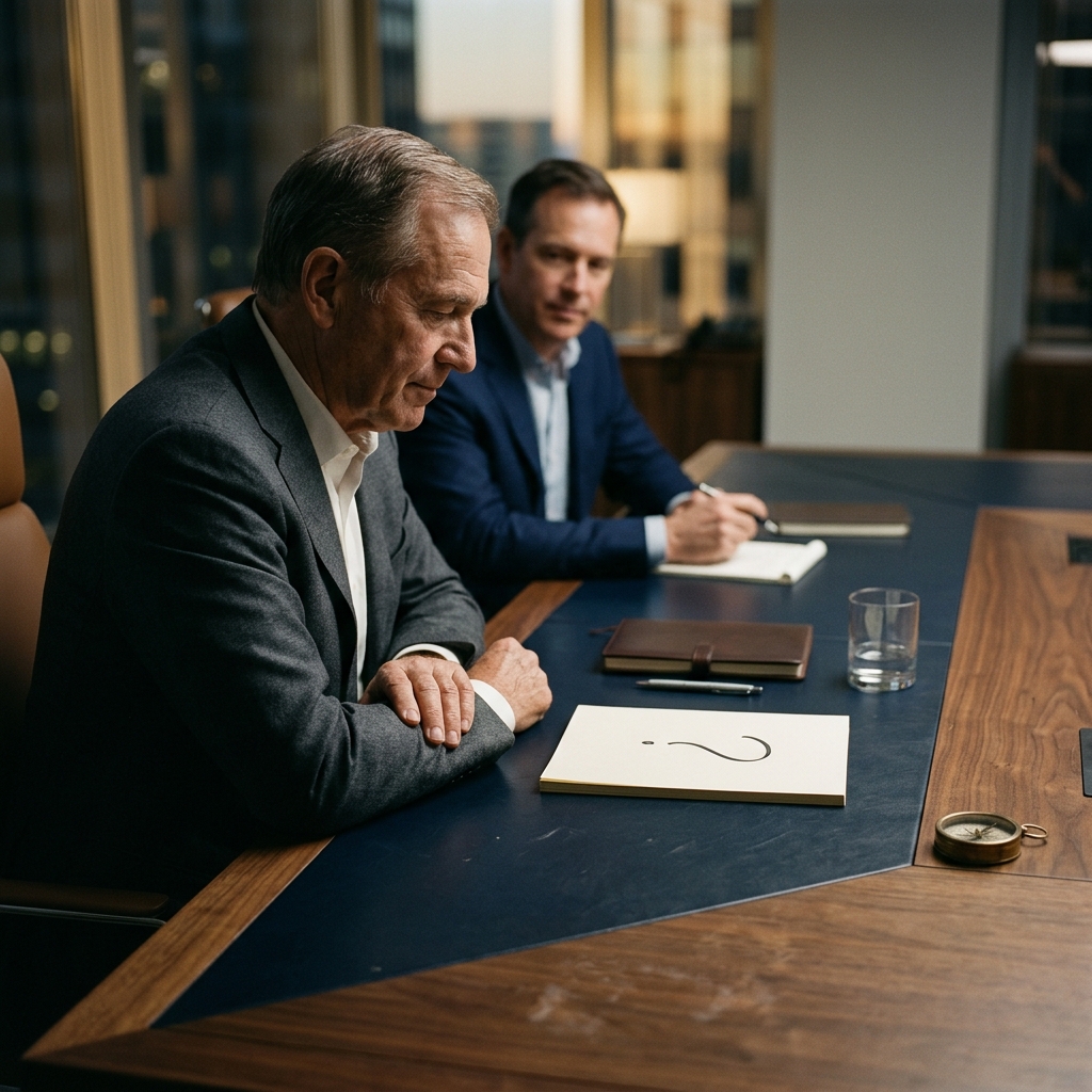 Two executives at a conference table considering whether a business problem requires a consequential decision.