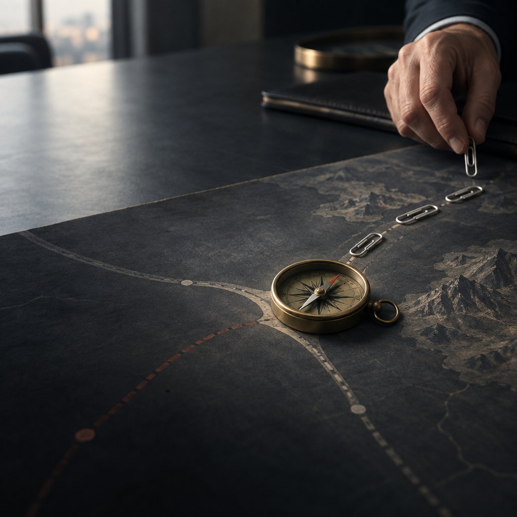 Executive mapping a decision path with paper clips and a compass