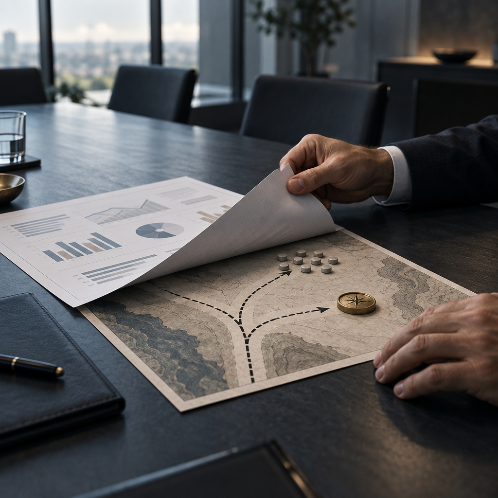 Executive reviewing a decision path beneath business performance reports