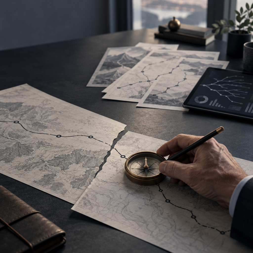 Compass on a map beside digital analytics, illustrating strategic decision-making as AI changes business conditions.